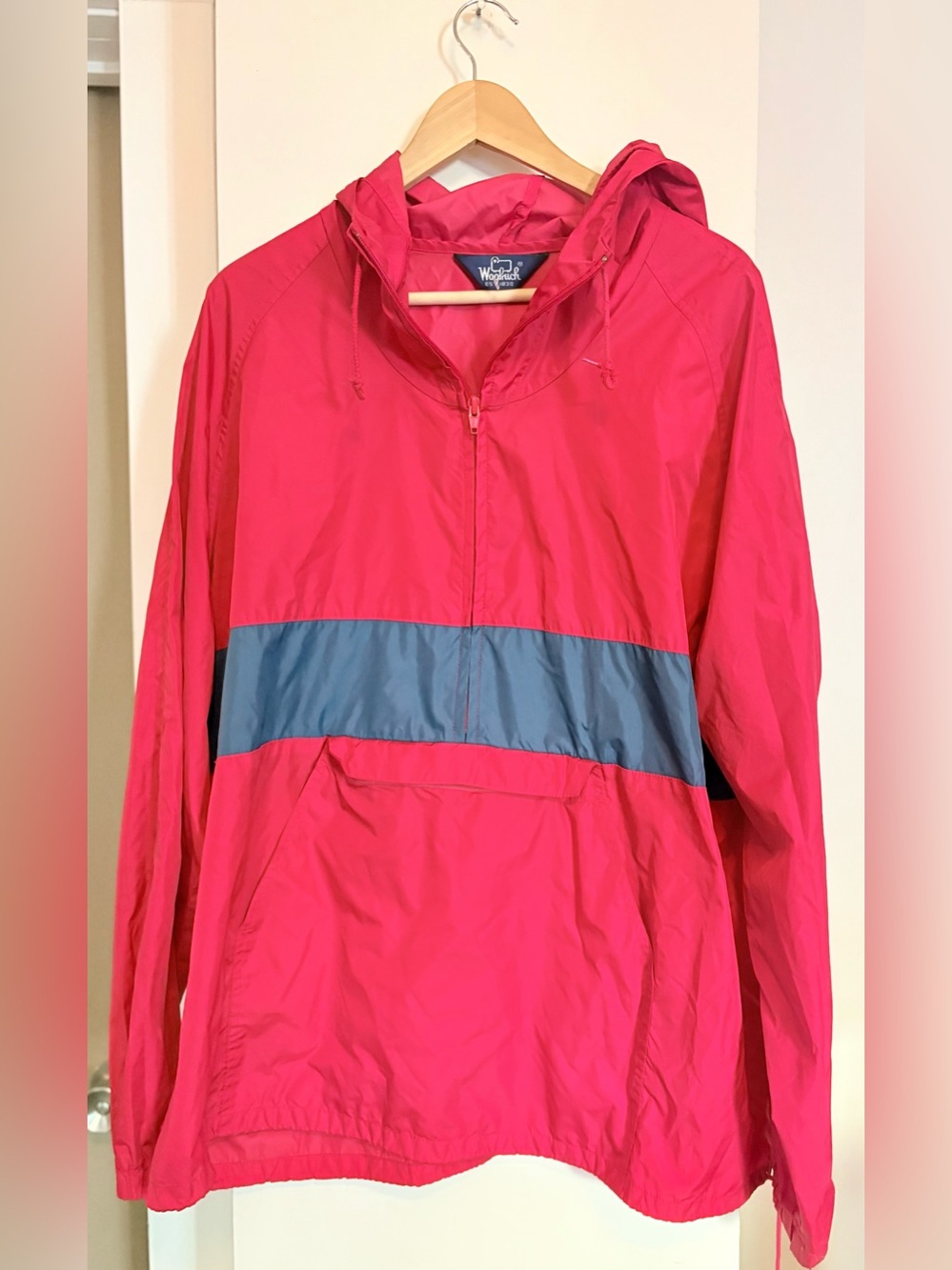 Mens Woolrich Windbreaker Jacket - Bright Pink with Blue Stripe